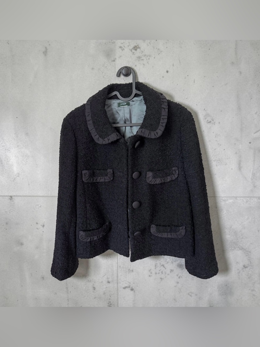 J.Crew Black Bouclé Ruffle Satin Trim Lady Jacket Blazer M